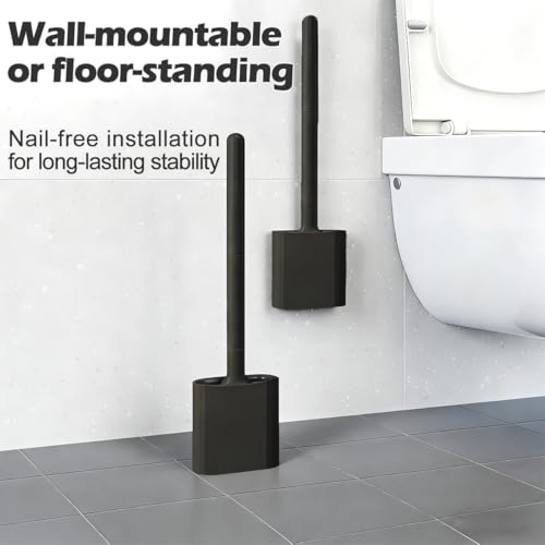 Silicone Toilet Brush Set, Wall Mounted Holder, Anti-Drip Design, Non-Slip Handle, Flexible Bristles for Easy Cleaning, Suitable for Various Usage scenarios（Black - color: Black