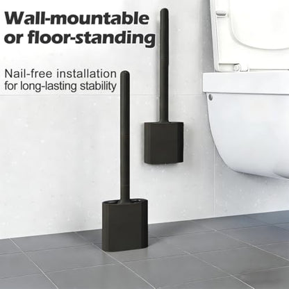 Silicone Toilet Brush Set, Wall Mounted Holder, Anti-Drip Design, Non-Slip Handle, Flexible Bristles for Easy Cleaning, Suitable for Various Usage scenarios（Black - color: Black