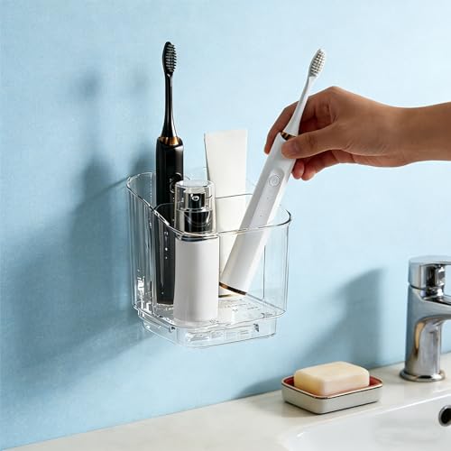 Toothbrush Storage Rack, 3 Slots Toothbrush Organizer with Dividers, Wall Mounted Toothpaste Holder Organizer for Bathroom Countertop Kitchen Office