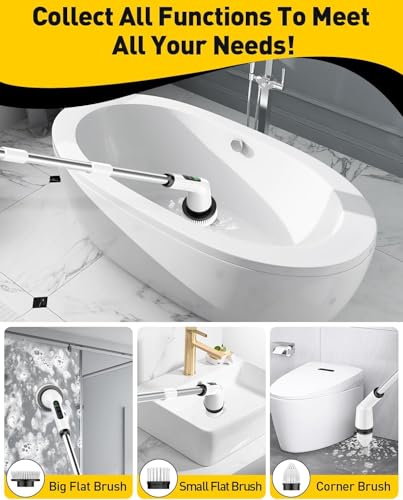 Electric Spin Scrubber,Cordless Shower Cleaning Brush IPX7 Waterproof with 3 Replaceable Brush Heads, Adjustable Extension Handle and Power Dual Speed,Power Scrubber for Bathroom Tub Tile Floor Car 5