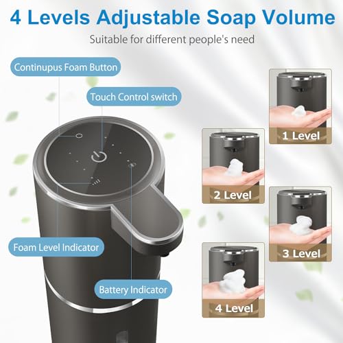 Automatic Foaming Soap Dispenser,4-Level Adjustable Foam, Wall Mount, USB Rechargeable,12.8oz/ 380ml,Touchless Hand & Dish Soap Dispenser for Bathroom, Kitchen,Hotel, Restaurant - color: Metallic Grey Black, style: Foam