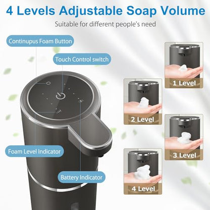 Automatic Foaming Soap Dispenser,4-Level Adjustable Foam, Wall Mount, USB Rechargeable,12.8oz/ 380ml,Touchless Hand & Dish Soap Dispenser for Bathroom, Kitchen,Hotel, Restaurant - color: Metallic Grey Black, style: Foam