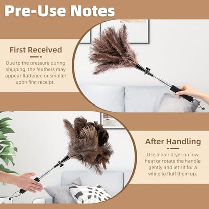 Extendable Ostrich Feather Duster with 19-49 inch Rotatable Stainless Steel Pole, Natural Feather Duster for Ceiling Fan Cobweb Dusting, Reusable Flexible Cleaning Duster(Include 1 Replacement Heads) - color: 49in-brown