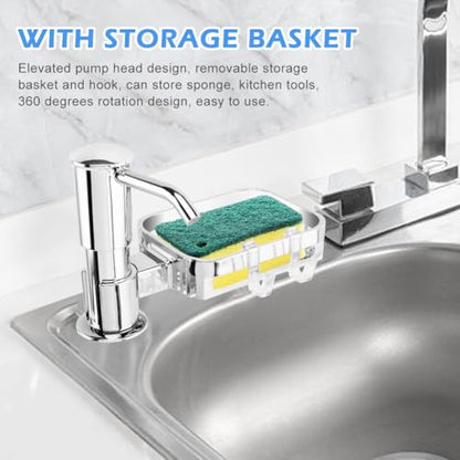 Built-in Kitchen Sink Soap Dispenser With 40" Extension Tube Kit and Storage Basket, Liquid Pump, No Need to Refill Little Bottle (Silver) - color: Silver Color