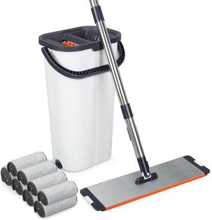 16 Inch Dual-Bucket Spin Mop Set, ， Hands-Free Wringing System，360° Rotating Flat Mop with Separate Clean & Dirty Water, Aluminum Alloy Head & 8 Microfiber Pads