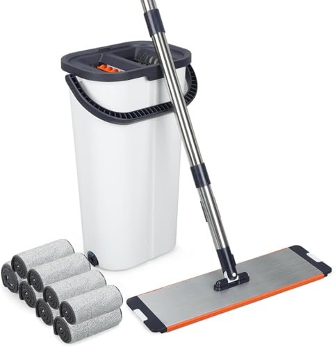 16 Inch Dual-Bucket Spin Mop Set, ， Hands-Free Wringing System，360° Rotating Flat Mop with Separate Clean & Dirty Water, Aluminum Alloy Head & 8 Microfiber Pads