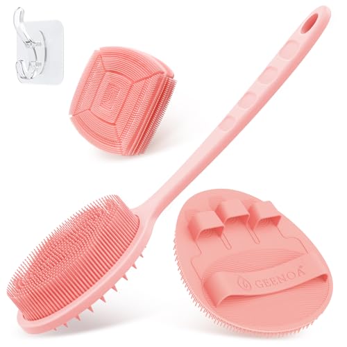 Silicone Back & Face Scrubber & Bath Glove Set 3PCS, 13.4'' Gentle Back Scrubber with Dual-Side Head, 360° Anti-Slip Bath Glove, Unique Side-bristled Face Scrubber for All-Round Cleaning(Pink) - color: Pink*3