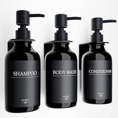 Shampoo Dispenser for Shower Wall, Shampoo and Conditioner Dispenser with 16 Waterproof Labels, No Drill Shower Soap Dispenser Bathroom, Shower Soap Dispenser Wall Mounted,17oz, 3 Pack, Black - color: 1-gloss Black Bottle + Black Pump