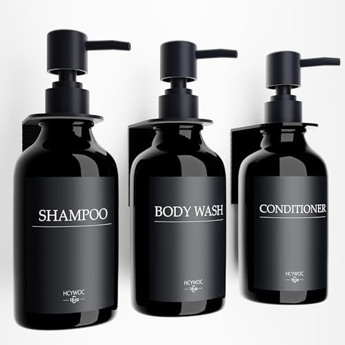 Shampoo Dispenser for Shower Wall, Shampoo and Conditioner Dispenser with 16 Waterproof Labels, No Drill Shower Soap Dispenser Bathroom, Shower Soap Dispenser Wall Mounted,17oz, 3 Pack, Black - color: 1-gloss Black Bottle + Black Pump