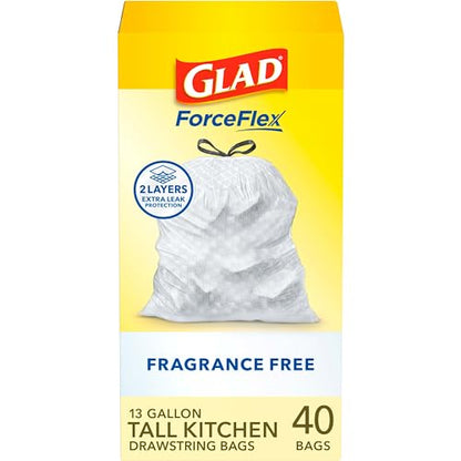 Glad ForceFlex Tall Kitchen Drawstring Trash Bags, 13 Gal, Fragrance Free, 40 Ct (Package May Vary) - size: 40 Count (Pack of 1)