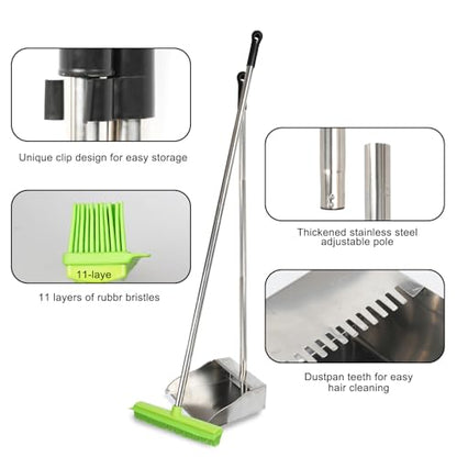Rubber Broom and Dustpan Set,Pet Hair Removal Rubber Broom with Squeegee and Stainless Steel Dust Pan,Carpet Rake Push Broom and Dustpan for Fluff Hardwood Floor Tile (Green) - color: Green
