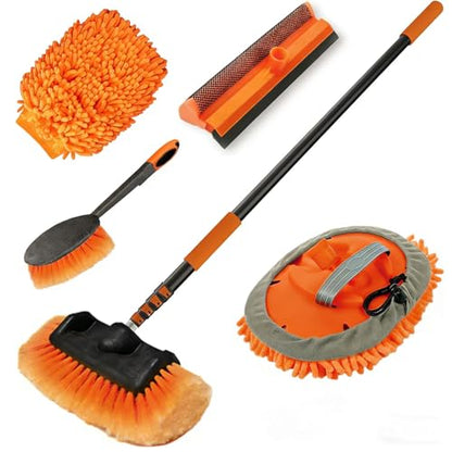 LAANPOLE 20FT Car Wash Brush with Long Handle, Car Cleaning Kit with Soft Bristle Wash Brush, Microfiber Cleaning Mop, Window Squeegee, Mitt, Wheel Brush for RV, Truck, Boat, House Siding - size: 20FT