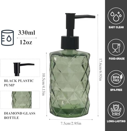 12Oz Small Glass Soap Dispenser with Black Plastic Pump, Green Refillable Kitchen Countertop Liquid Hand Soap Dispensers with Diamond Design, Crystal Bathroom Lotion Bottle for Dish Soap, 2 Set - color: 2 Pack Diamond Green