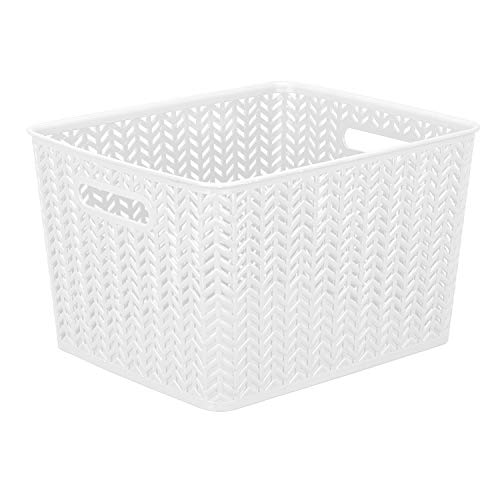 Simplify Large Herringbone Bin, Storage Tote Basket, Organizer, Decorative, Good for Closets, Countertops, Desks, Dressers, Accessories, Cleaning Products, Sports Equipment, Toys, in White - color: White, size: Large, style: 1 Pack
