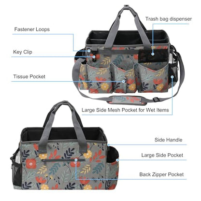 Wearable Cleaning Caddy Bag, Kitchen Supplies Organizer with Handle&Shoulder Strap, Under Sink&Car Cleaning Tool Tote with 4 Foldable Dividers for Housekeepers Cleaners (Grey Floral)