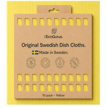 10 Pack Odour-Resistant Reusable Cleaning Cloths | Original Swedish Dishcloth | Made in Sweden | Suitable for All Surfaces | Biodegradable Cellulose Sponge | Kitchen & Bathroom | Yellow - color: Yellow