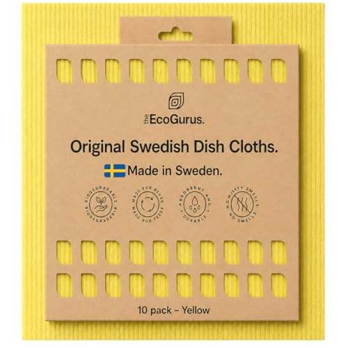 10 Pack Odour-Resistant Reusable Cleaning Cloths | Original Swedish Dishcloth | Made in Sweden | Suitable for All Surfaces | Biodegradable Cellulose Sponge | Kitchen & Bathroom | Yellow - color: Yellow