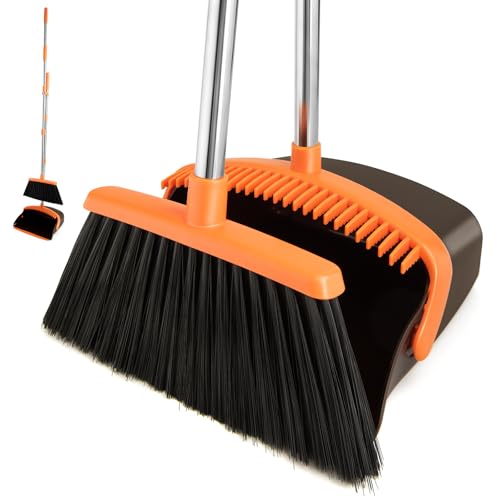 Broom and Dustpan Set,Dustpans with Broom Combo for Home,Heavy Dust Broom and Dustpan Combo,Long Handle Dust Pan and Broom Set for Kitchen Office,Pet Hair(Brown Orange) - color: Brown Orange 1-pack