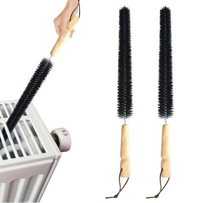 2pcs Radiator Brush, 40cm Long Reach Radiators Duster with Wooden Handle, Flexible Refrigerator Coil Brush Radiators Cleaner with Hanging Hook for Dryer Lint Vent Cleaning