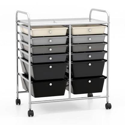 DREAMADE Rolling Cart with Storage Drawers, Utility Cart with Removable Plastic Drawers, Lockable Wheels, Art Cart for Classroom Organization Art Supplies Office Scrapbook (12 Drawers, Mixed-black) - color: Mixed-black, style: 12 Drawers