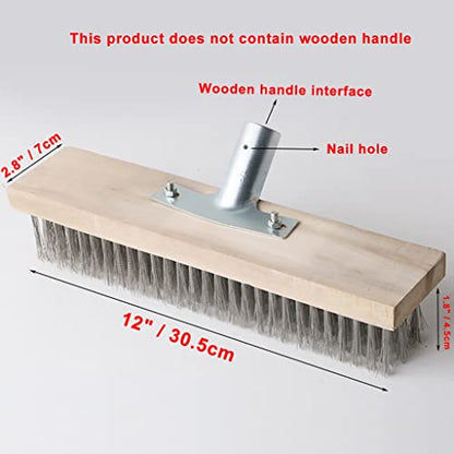 12" Heavy-Duty Rough Surface Floor Brush,Stainless Steel Wire Large Deck Scrub Brush 12" x 2.7” Removes Snow, Dirt & Grime on Drivways, Steps, Patios, Decks, Tile, Cement Without Stick (12") - size: 12"