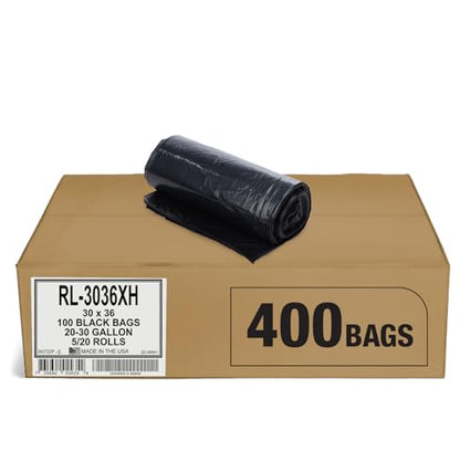 Aluf Plastics - RL-3036XH 20-30 Gallon Trash Can Liners (400 Count) - 30" x 36" - Thick 1.5 MIL Equivalent Black Trash Bags for Bathroom, Kitchen, Office, Industrial, Commercial, Recycling and More - color: Black, style: 20-30 Gal, 1.2 Mil, 400 Count
