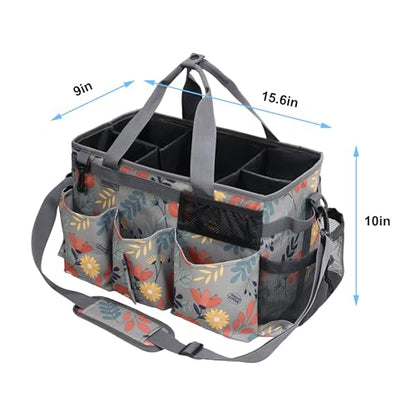 Wearable Cleaning Caddy Bag, Kitchen Supplies Organizer with Handle&Shoulder Strap, Under Sink&Car Cleaning Tool Tote with 4 Foldable Dividers for Housekeepers Cleaners (Grey Floral)