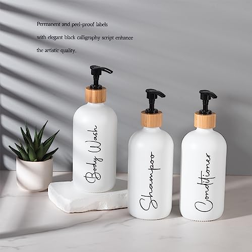 Glass Shampoo and Conditioner Pump Bottles Soap Dispenser Bamboo Pump Head Empty Glass Refillable Shampoo Conditioner Body Wash Soap Bottles for Bathroom, 17 oz, 3 Pack, White - color: White, size: Shampoo + Conditioner