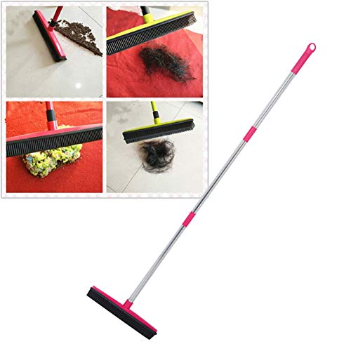 Carpet Rake for Pet Hair Removal, Multifunction Telescopic Broom with Squeegee Edge, Efficient Tool for Rug Floor Home Cleaning (Pink) - color: Pink