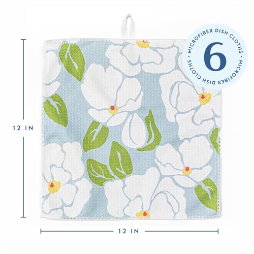 ELYN Microfiber Kitchen Dish Cloth Set, Quick-Dry & Absorbent Waffle Weave Cleaning Towels, Set of 6 Wash Cloths, Paper Towels & Sponge Alternative (Magnolias & Stripe) - color: Magnolias & Stripe, style: Dish Cloth - 6 Pack