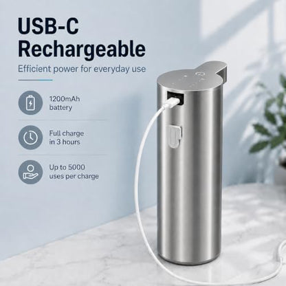 XINKORA Stainless Steel Automatic Soap Dispenser for Dish & Hand Soap, Touchless Sensor Pump, 4 Adjustable Levels, USB-C Rechargeable, 350mL, Wall Mount or Countertop for Kitchen & Bathroom