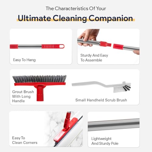 Foxtrot Living Grout Brush with Long Handle & Handheld Stiff Bristle Scrubber, V-Shaped Cleaner with Telescopic Handle for Easy Cleaning & Storage - Tile Floor Cleaning Brush - color: White and Red