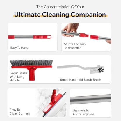 Foxtrot Living Grout Brush with Long Handle & Handheld Stiff Bristle Scrubber, V-Shaped Cleaner with Telescopic Handle for Easy Cleaning & Storage - Tile Floor Cleaning Brush - color: White and Red