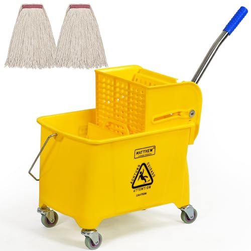 Matthew Cleaning 22 Quart Compact Mop Bucket INCL.2 Pack Mop Head with Side Press Wringer On Wheels,Tandem Portable Floor Cleaning Wavebrake,Ideal for Household,Industrial,Restaurant,Janitorial Use - color: Yellow, size: 22 Quart