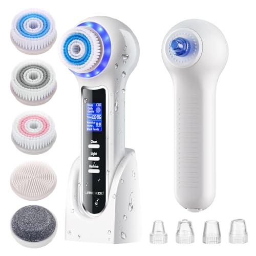 UMICKOO 3 in 1 Facial Cleansing Brush & Blackhead Remover, Rechargeable Face Scrubber with LCD Screen, IPX7 Waterproof, Deep Pore Cleaning, Exfoliating & Massaging for All Skin Types - color: White
