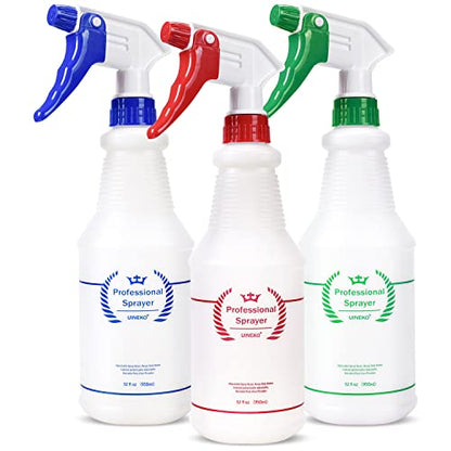 Uineko Plastic Spray Bottle (3 Pack, 32 Oz, 3 Colors) Heavy Duty All-Purpose Empty Spraying Bottles Leak Proof Commercial Mist Water Bottle for Cleaning Solutions Plants Pet with Adjustable Nozzle - size: 32 Oz, 3 Pack