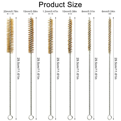 12 Pcs Brass Wire Brush Stainless Steel Wire Brush Set, 12"/30.5cm Long, Round Metal Cleaning Brush Bore Brush for Tubes, Cylinders, Bottle, Narrow Spaces, Auto Parts, 1/4" to 3/4"(6/8/10/15/18/20mm)