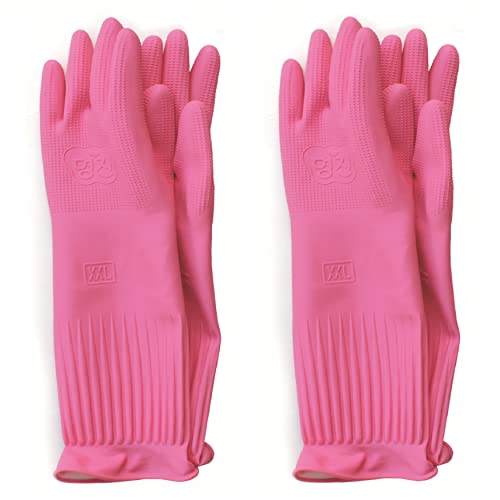 Myungjin (2 Pairs Reusable Waterproof Household Dishwashing Non-Slip Cleaning Latex Rubber Kitchen Gloves (Pink, XX-Large) - size: XX-Large 23cm x 43cm