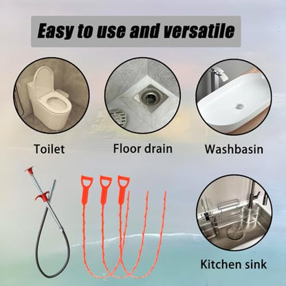 3 Pcs Orange Drain Clog Remover and 1 Pcs 25inch Four Claws Hair Catcher Drain Snake Cleaner Tool, Effective Hair Clog Remover for Toilet/Kitchen Sink/Bathroom Tub - color: Orange