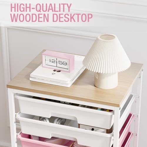 Rolling Cart with Drawers, Pink Cart with 8 Plastic Drawer Storage and Wooden Tabletop, Craft Storage, Teacher Cart, Storage Cart on Wheels, Rose Pink - color: Rose Pink