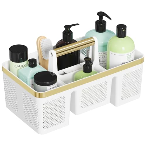 BYUNER Portable Cleaning Caddy & Shower Basket: Hard Plastic Caddy Organizer with Handle, 4 Divided Compartments, All-Side Drainage for Bathroom, Dorm & Utility, College Dorm Room Essentials - color: White/Gold