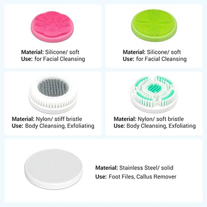 SoulBay Electric Body Brush with 5 Attachments: Rechargeable Back Brush IPX7 Long Handle Exfoliating Spin Scrubber for Shower Bathing Cleansing Wash Deep Cleaning