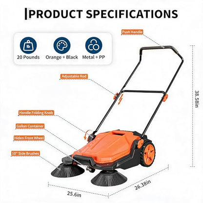 25.6 Inch Manual Push Floor Sweeper, Walk-Behind Hand Push Sweeper with 5-Gallon Bin, Adjustable Folding Handle for Garage, Workshop, Driveway, Patio