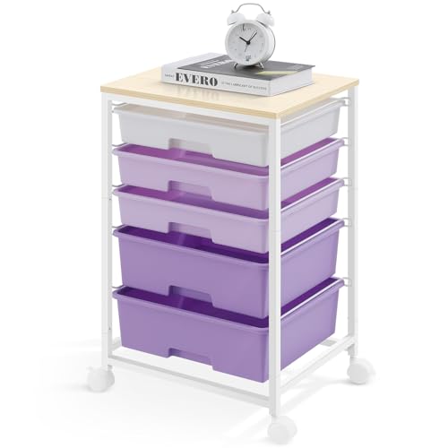 SYKIARIOL Utility Cart with 5 Drawers,Storage Drawer Cart with Wooden Tabletop and Lockable Wheels,Craft Storage Trolley Cart,5-Tier Rolling Utility Cart on Wheels,Purple - color: Purple