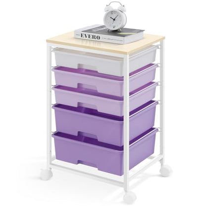 SYKIARIOL Utility Cart with 5 Drawers,Storage Drawer Cart with Wooden Tabletop and Lockable Wheels,Craft Storage Trolley Cart,5-Tier Rolling Utility Cart on Wheels,Purple - color: Purple