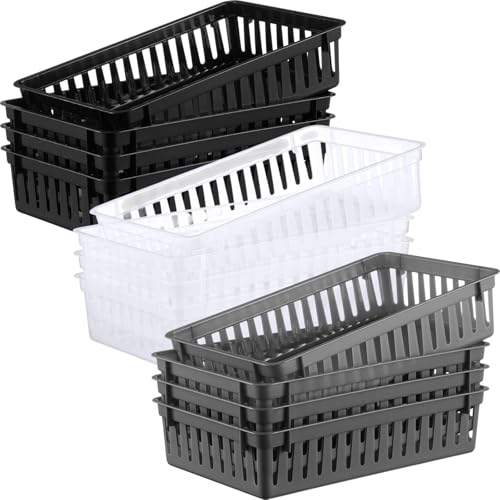 Wenqik Set of 12 Small Plastic Baskets for Organizing 10.24 x 6.5 x 2.36 Inch Pharmacy Baskets Rectangular Trays Plastic Organizer for Office Pharmacy Dorm Kitchens, Closets Shelves(Black,Gray,Clear) - color: Black,Gray,Clear