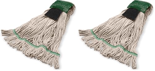 SPARTA Flo-Pac Acrylic Mop Head, Loop-Ended, Wide Band with 5" Green Band with Scrubber for Organized Cleaning, Medium, Natural (Pack of 2) - color: Natural, size: Medium (Pack of 2)
