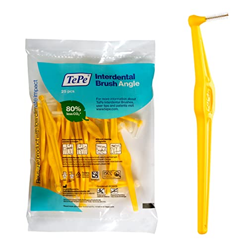 TePe Interdental Brush Angle, Angled Dental Brush for Teeth Cleaning, Pack of 25, 0.7 mm, Medium Gaps, Yellow, Size 4 - color: Yellow