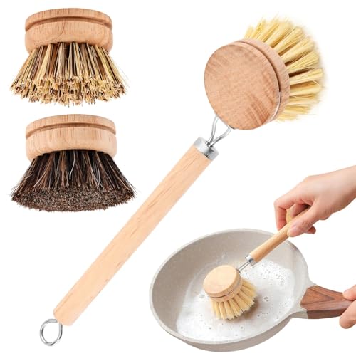 Bamboo Dish Brush with Handle, 3 Natural Bristle Heads (Horsehair, Sisal, Palm) Replaceable Heads, Wooden Dish Brush for Washing and Cleaning Pot Pan Bowl