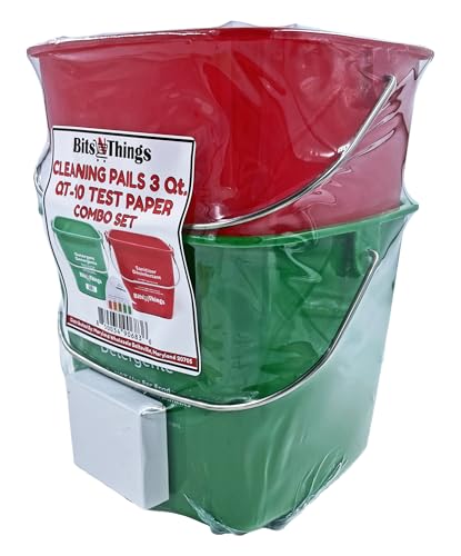 Bits N Things Cleaning Pails - Red Sanitizing (1), Green Detergent (1) 3 Quart,Cleaning Buckets, and QT-10 Quaternary Sanitizer Test Tape 15 feet Roll (1)